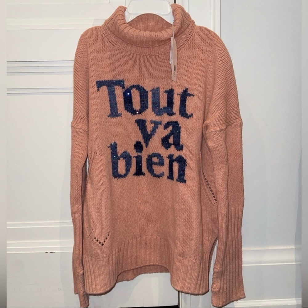 Zadig & Voltaire Pink Turtleneck Sweater with Blue Text